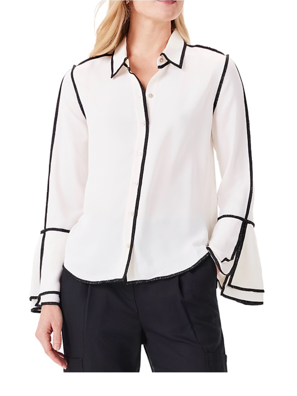 NIC+ZOE Ivory/White Button-Down Blouse with Black Trim and Bell Sleeves